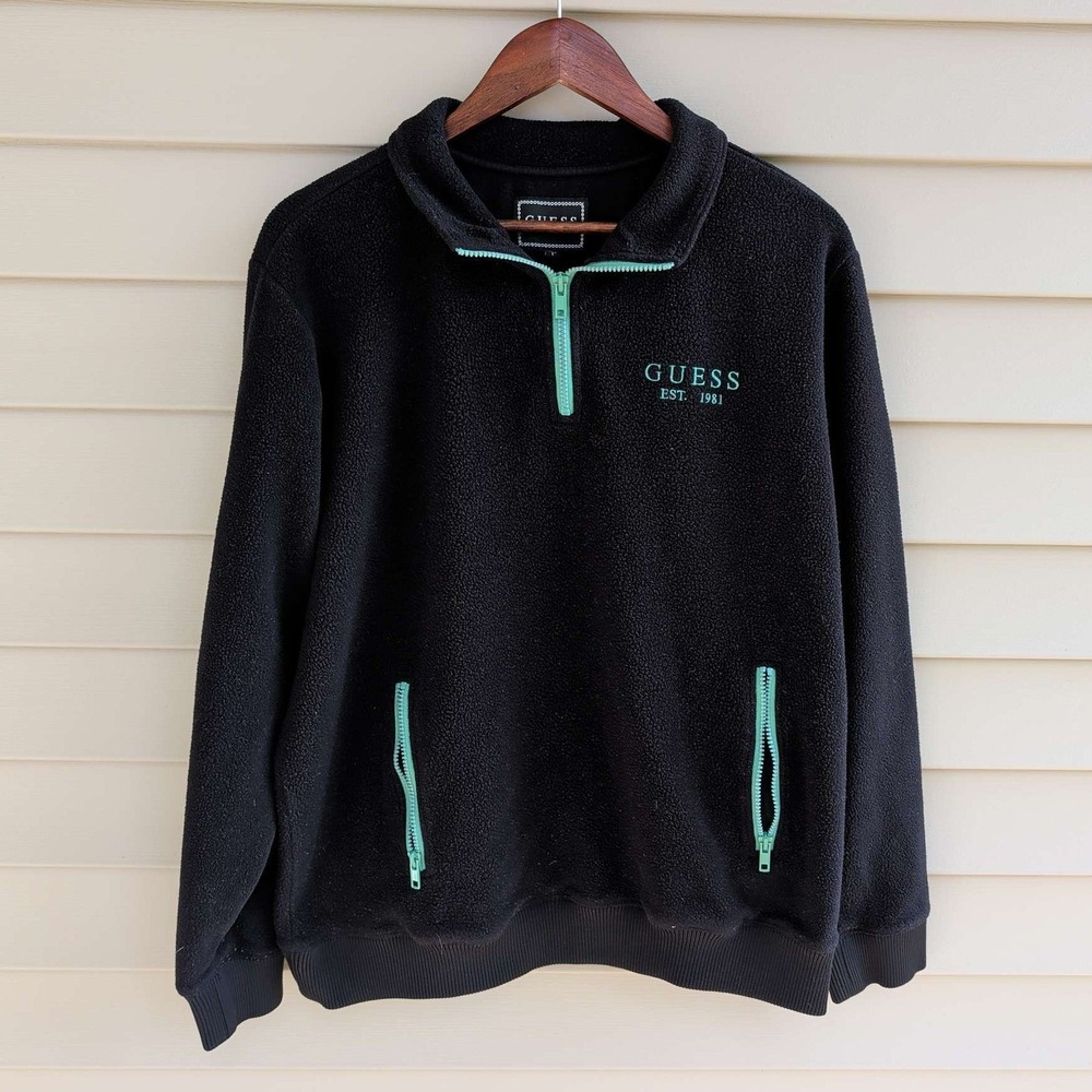 Guess Fleece Pullover Mens Large Black Mint Green Quarter Zip Mock Neck‎ Logo